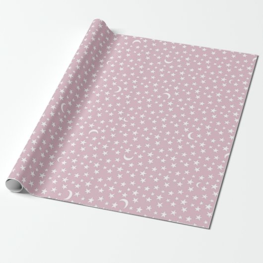 Witte maan en sterren met roze achtergrond cadeaupapier (Uitgerold)