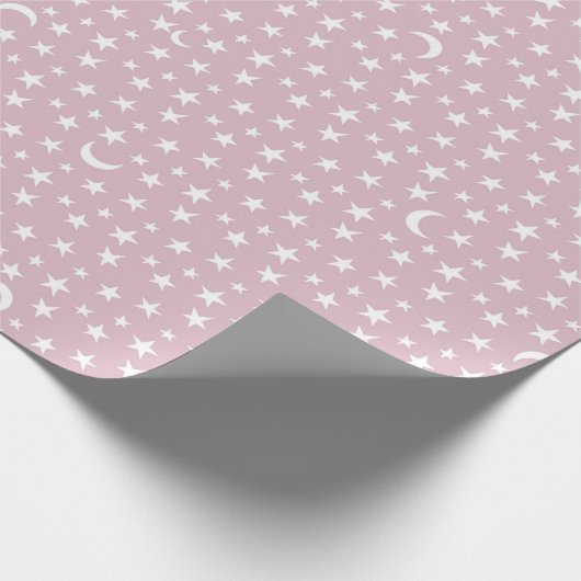 Witte maan en sterren met roze achtergrond cadeaupapier (Hoek)