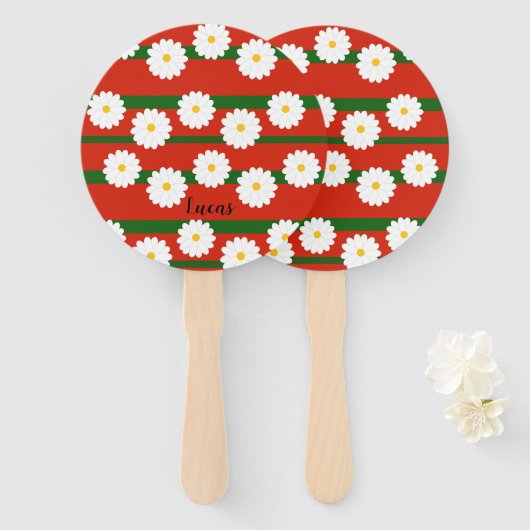 Witte madelief bloem rood vrolijk kerstfeest handwaaier (Voorkant en achterkant)