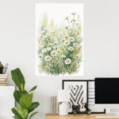 Witte Madeliefje Wildbloem Waterverf Poster (Thuiskantoor)