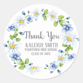 Witte Madeliefjes Blauwe Bloemen Afstuderen Ronde Sticker