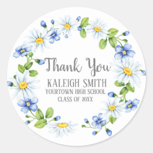 Witte Madeliefjes Blauwe Bloemen Afstuderen Ronde Sticker