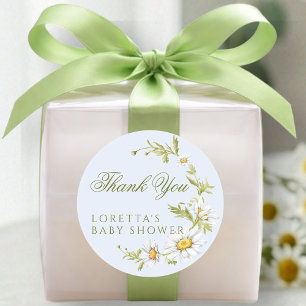 Witte Madeliefjes Bloemen Baby Shower Bedankt Blau Ronde Sticker