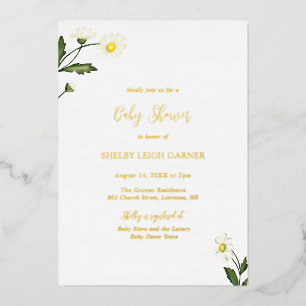 Witte Madeliefjes Bloemige Rustieke Baby Shower Folie Uitnodiging