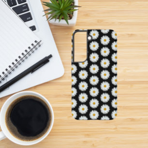 Witte Madeliefjes Bloempatroon op Zwart Samsung Galaxy Hoesje