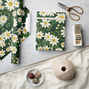 Witte madeliefjes Ditsy bloemen 60s 70s Hippie Gro Cadeaupapier