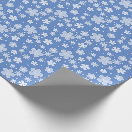 Witte madeliefjes en Stippen op blauw Cadeaupapier (Hoek)