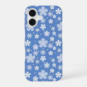 Witte madeliefjes en Stippen op blauw iPhone 16 Hoesje (Achterkant)