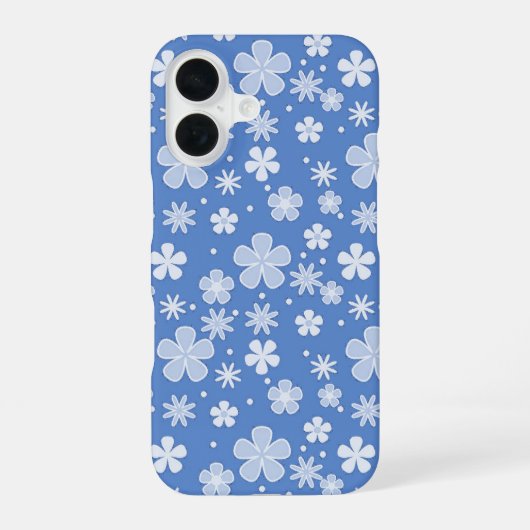 Witte madeliefjes en Stippen op blauw iPhone 16 Hoesje (Achterkant)