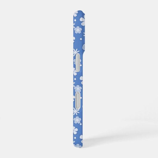 Witte madeliefjes en Stippen op blauw iPhone 16 Hoesje (Rechterkant)