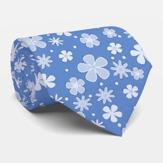 Witte madeliefjes en Stippen op blauw Stropdas (Opgerold)