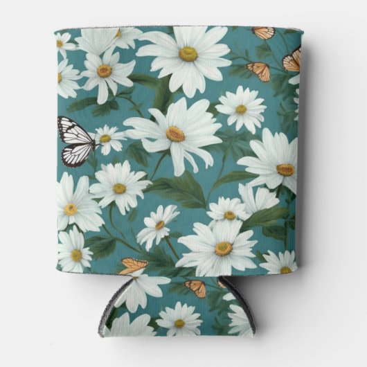 Witte madeliefjes en vlinders blikjeskoeler (Voorkant)