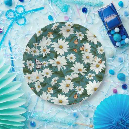 Witte madeliefjes en vlinders papieren bordje (Feest)