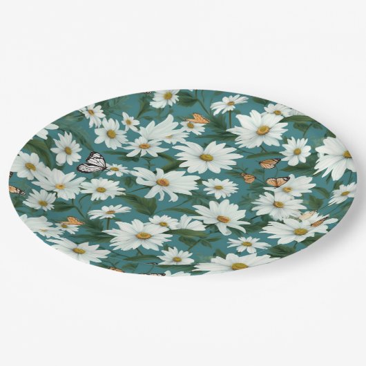 Witte madeliefjes en vlinders papieren bordje (Gekanteld)