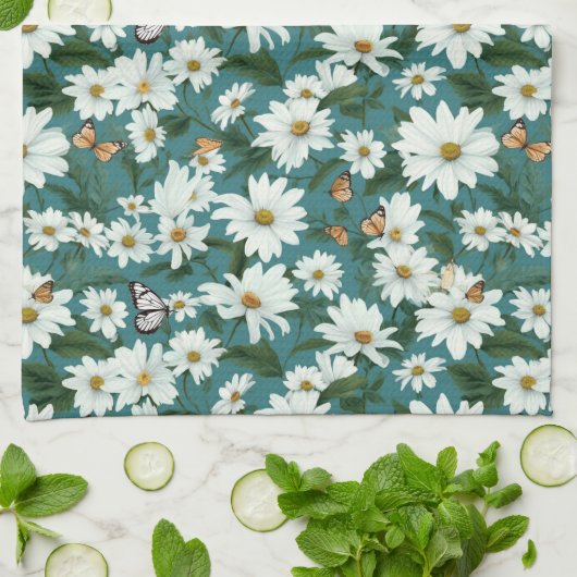 Witte madeliefjes en vlinders theedoek (Gevouwen)