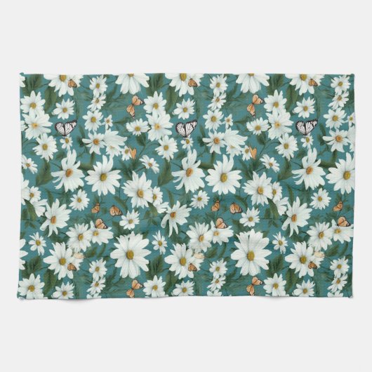 Witte madeliefjes en vlinders theedoek (Horizontaal)