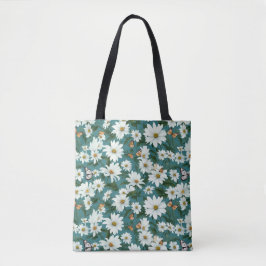 Witte madeliefjes en vlinders tote bag