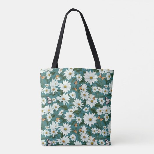 Witte madeliefjes en vlinders tote bag (Achterkant)