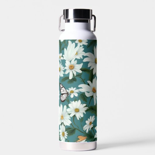 Witte madeliefjes en vlinders waterfles (Voorkant)