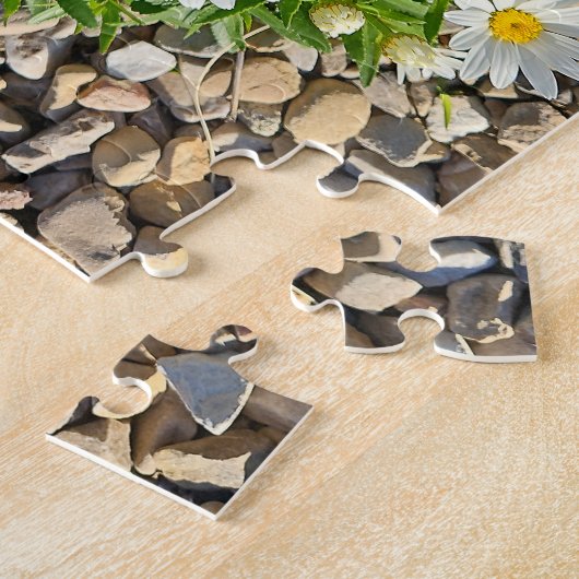 Witte madeliefjes groeien in grind legpuzzel (Zijkant)