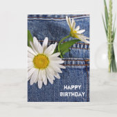Witte madeliefjes in blauwe jean pocket verjaardag kaart (Voorkant)
