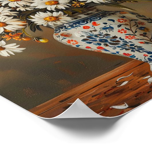 Witte madeliefjes in een oosterse vaas die Gouache Poster (Hoek)