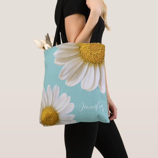 Witte Madeliefjes Licht Teal Persoonlijk Tote Bag (Dichtbij)