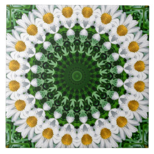 Witte Madeliefjes Mandala met Verse Groene Symmetr Tegeltje
