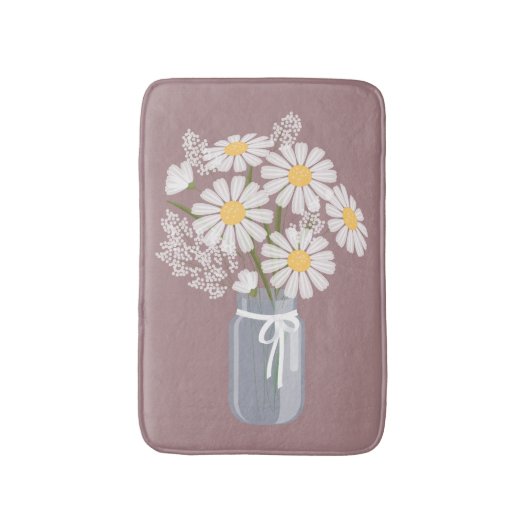 Witte Madeliefjes Mason Pot op Donker Roze Badmat (Voorkant Verticaal)