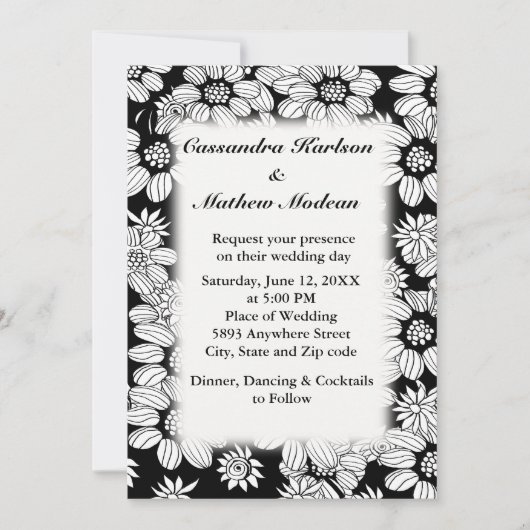 Witte madeliefjes met zwarte achtergrond bruiloft kaart (Voorkant)