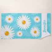 Witte Madeliefjes Op Blauw Met Aangepaste Naam Strandlaken (Voorkant)