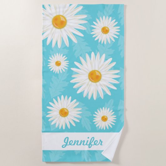 Witte Madeliefjes Op Blauw Met Aangepaste Naam Strandlaken (Voorkant)