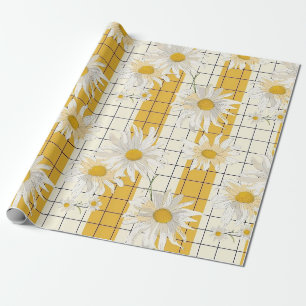Witte madeliefjes op gele gestreepte rasterachterg cadeaupapier