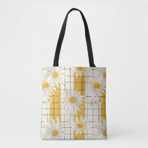 Witte madeliefjes op gele gestreepte rasterachterg tote bag