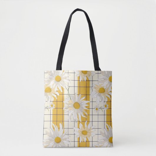 Witte madeliefjes op gele gestreepte rasterachterg tote bag (Voorkant)