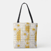 Witte madeliefjes op gele gestreepte rasterachterg tote bag (Achterkant)