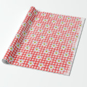 Witte madeliefjes op rood-wit geruit cadeaupapier (Uitgerold)