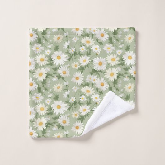 Witte madeliefjes op salie groen bad handdoek (Wasdoekje)