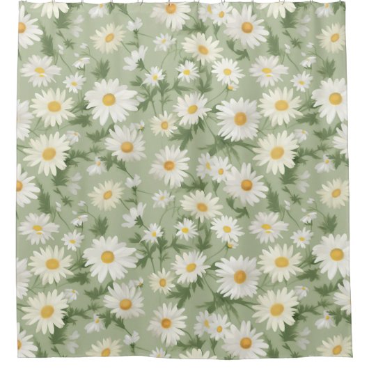 Witte madeliefjes op salie groen douchegordijn (Voorkant)