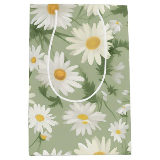 Witte madeliefjes op salie groen medium cadeauzakje (Voorkant)