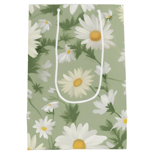 Witte madeliefjes op salie groen medium cadeauzakje (Achterkant)