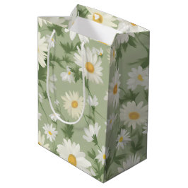 Witte madeliefjes op salie groen medium cadeauzakje