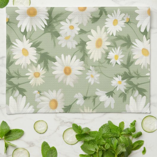 Witte madeliefjes op salie groen theedoek (Gevouwen)