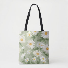 Witte madeliefjes op salie groen tote bag