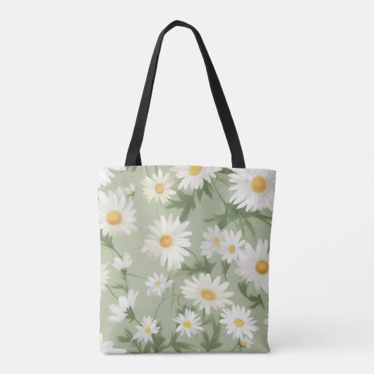 Witte madeliefjes op salie groen tote bag (Achterkant)