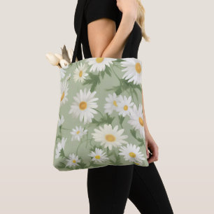 Witte madeliefjes op salie groen tote bag