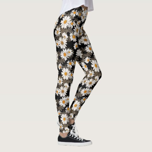 Witte madeliefjes op zwart bloemmotief leggings (Rechts)