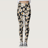 Witte madeliefjes op zwart bloemmotief leggings (Voorkant)