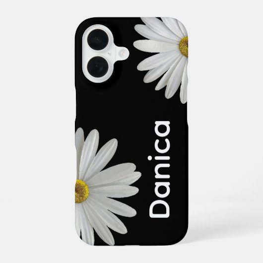 Witte Madeliefjes op Zwart iPhone 16 Hoesje (Achterkant)