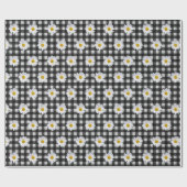 Witte madeliefjes op zwart-wit gingham cadeaupapier (Vlak)